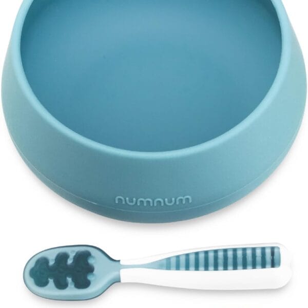 Set de tazón de succión NumNUm + 2 GOOtensils o precucharas de autoalimentación para bebés y niños pequeños (etapa 1+ 2), 100% silicona de grado alimenticio sin BPA