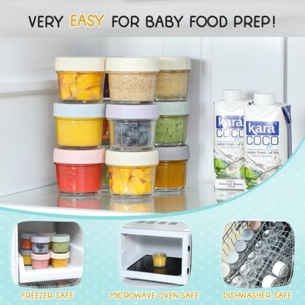 VITEVER- Recipientes o tarros de vidrio para almacenamiento de alimentos para bebés, de 4 onzas con tapas, set de 6