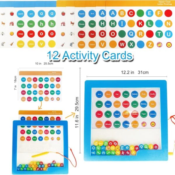 Tablero magnético de aprendizaje montessori para niños con letras y tarjetas de actividades, marco amarillo