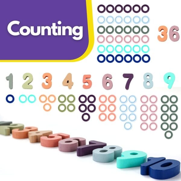 Set de aprendizaje Montessori de figuras y números de madera