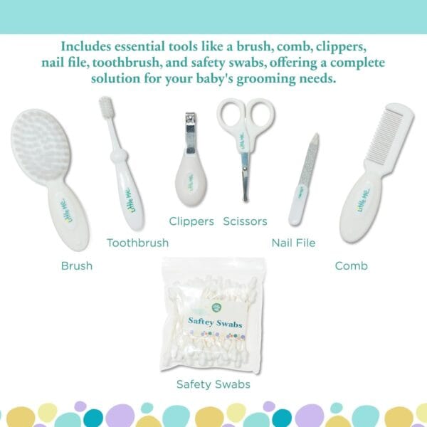 Set de Aseo para Bebé - 8 Piezas Esenciales, peine, cepillo, tijeras, lima de uñas, cepillo de diente, hisopos, con estuche