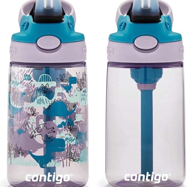Contigo - Botella de agua para niños con pajilla de silicona y tapa a prueba de derrames, 14 onzas, paquete de 2 unidades, dinosaurios