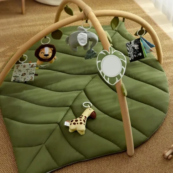 Blissful Diary Tapete de gimnasio y actividades para bebés, tapete de juego para bebés en forma de hoja de gran tamaño con 6 juguetes desmontables, alfombrilla para el tiempo boca abajo