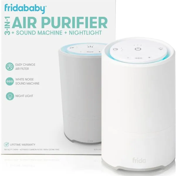 Frida Baby Máquina de sonido 3 en 1, purificador de aire + luz nocturna con 3 velocidades de ventilador y filtro de fácil cambio