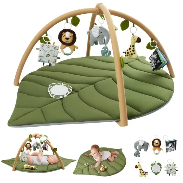 Blissful Diary Tapete de gimnasio y actividades para bebés, tapete de juego para bebés en forma de hoja de gran tamaño con 6 juguetes desmontables, alfombrilla para el tiempo boca abajo