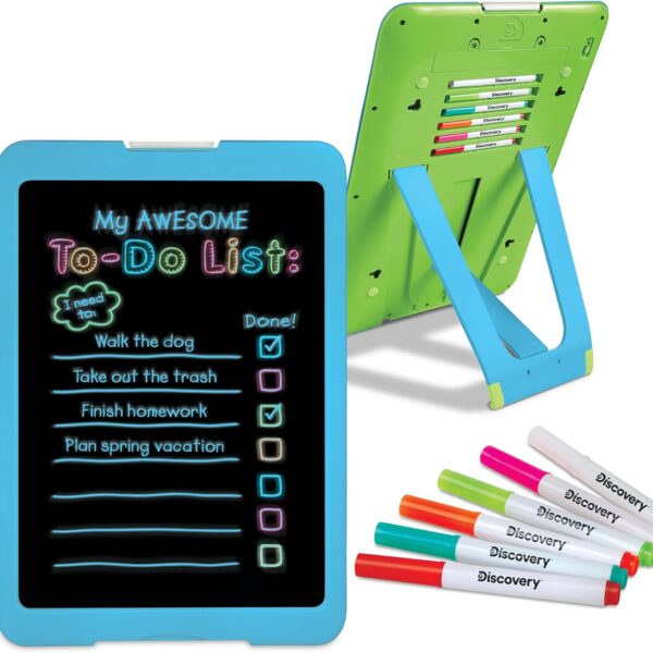 Discovery Kids Caballete de dibujo neón con 6 marcadores de color, soporte integrado/soporte de pared, 5 modos de luz, fácil de limpiar/lavable, pantalla ancha, almacenamiento plano