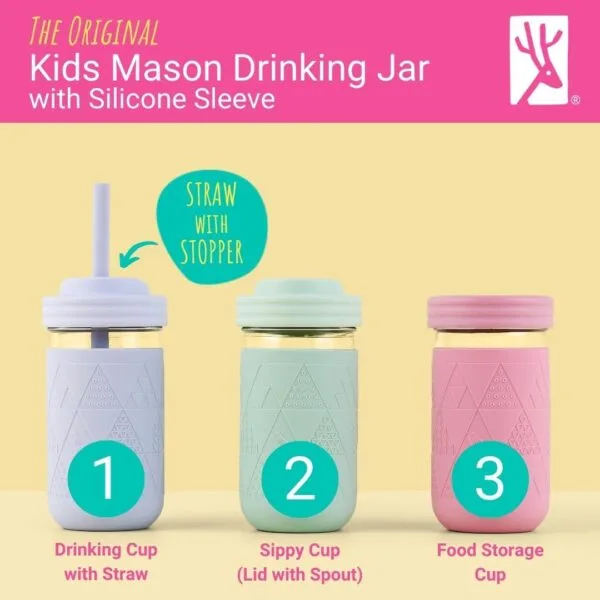 Elk and Friends - Vasos de vidrio para niños y niños pequeños | Los originales de 12 oz con fundas y pajitas de silicona | Vasos a prueba de derrames, paquete de 4