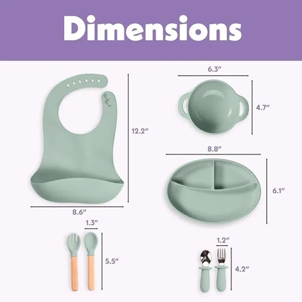 Juego 7 piezas esenciales de silicona para la alimentación del bebé, cuchara, tenedor, babero, cuenco y placas de succión