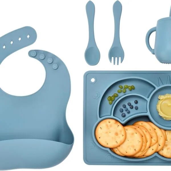 CHILDLIKE BEHAVIOR Baby Led Weaning Set de 5 – Juego de Alimentación de Silicona para Bebé plato con división, cubiertos, vaso y babero