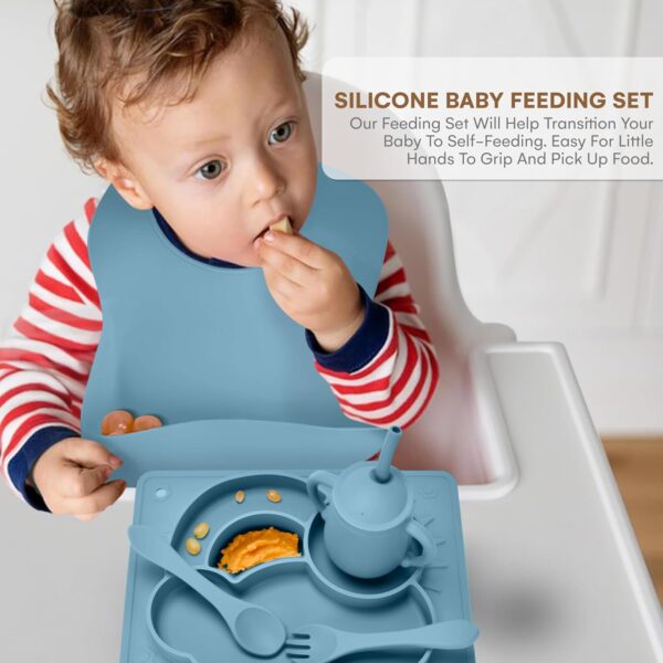 CHILDLIKE BEHAVIOR Baby Led Weaning Set de 5 – Juego de Alimentación de Silicona para Bebé plato con división, cubiertos, vaso y babero
