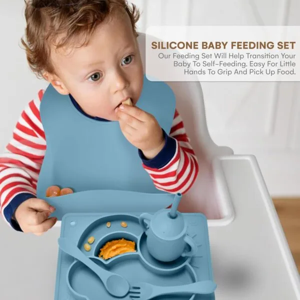 CHILDLIKE BEHAVIOR Baby Led Weaning Set de 5 – Juego de Alimentación de Silicona para Bebé plato con división, cubiertos, vaso y babero