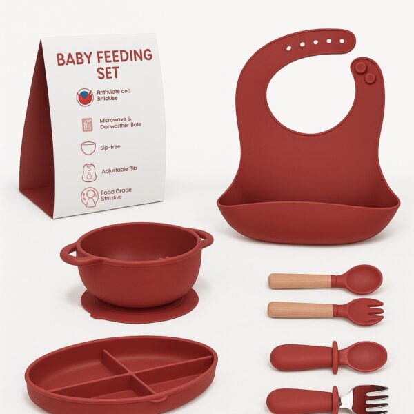 Juego 7 piezas esenciales de silicona para la alimentación del bebé, cuchara, tenedor, babero, cuenco y placas de succión, verde