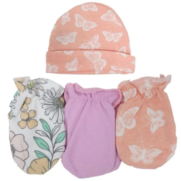 Set de 3 Gorros y 3 pares de guantes para Bebé con Diseño Floral y de Mariposas
