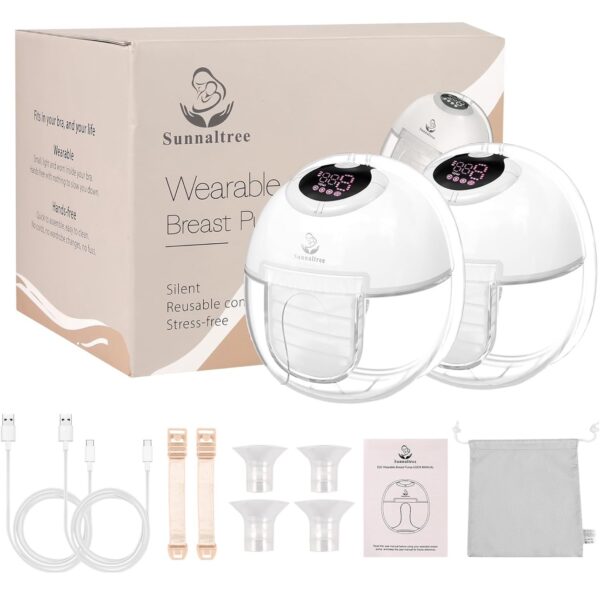 Sunaltree- Extractor de Leche Eléctrico Manos Libres S32 Pro - Portátil y Silencioso, con Brida Doble Sellado (19/21/24mm), Pantalla LCD, 4 Modos y 9 Niveles - Pack de 2 en Blanco