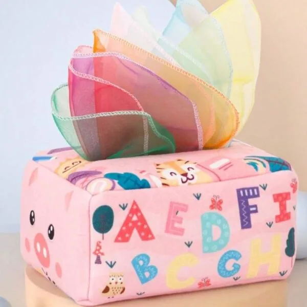 Juguete Montessori de Caja de Pañuelos de Tela para Bebés – Aprendizaje Cognitivo y Motricidad