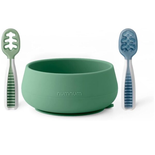 Set de tazón de succión NumNUm + 2 GOOtensils o precucharas de autoalimentación para bebés y niños pequeños (etapa 1+ 2), 100% silicona de grado alimenticio sin BPA