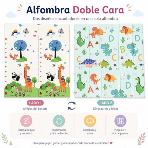 Alfombra o tapete de espuma suave plegable para bebés, alfombrillas de juego para bebés de 1cm de grosor, 178 x 117 cm de doble cara (jirafa-dinosaurio)
