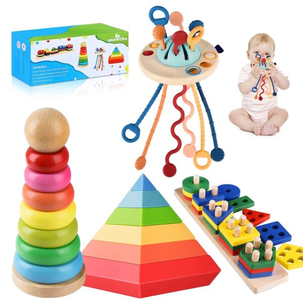 Set de Juguetes Montessori para Bebés y Niños Pequeños - Bloques de Construcción, Juguete Sensorial y Apilables