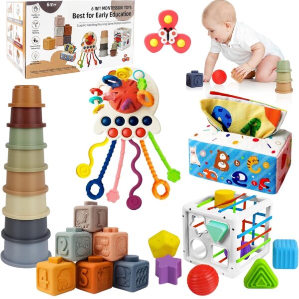 Juguetes Montessori 6 en 1 para Bebés de 6-12 Meses en Adelante - Juguetes Educativos con Caja de Pañuelos, Cubo de Actividades, Vasos Apilables, Bloques, Spinner de Succión y Juguete de Cuerdas