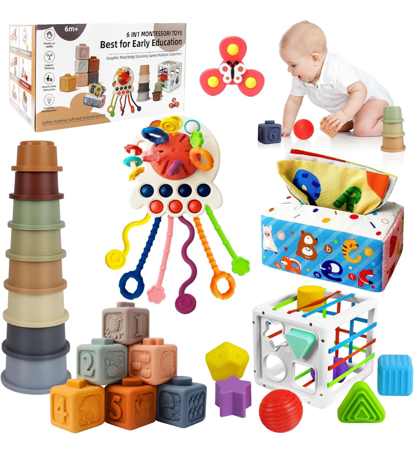 Juguetes Montessori 6 en 1 para Bebes de 6 12 Meses en Adelante Juguetes Educativos con Caja de Panuelos Cubo de Actividades Vasos Apilables Bloques Spinner de Succion y Juguete de Cuerdas