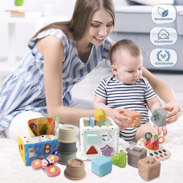 Juguetes Montessori 6 en 1 para Bebés de 6-12 Meses en Adelante - Juguetes Educativos con Caja de Pañuelos, Cubo de Actividades, Vasos Apilables, Bloques, Spinner de Succión y Juguete de Cuerdas