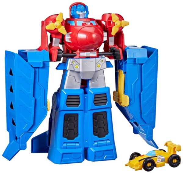Transformers Optimus Prime Jumbo Jet Playset con Pista de Carreras y Figura de Bumblebee, Juguete Convertible de 15 Pulgadas, para Niños de 3 Años en Adelante