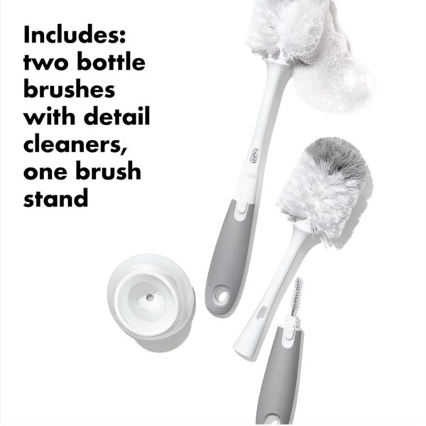 OXO Tot Cepillo para Biberones con Limpiador de Tetinas y Base, Set de 2 – Gris