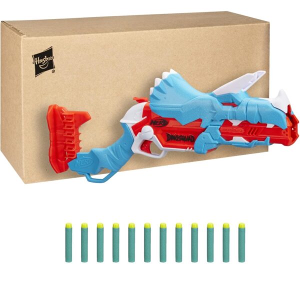 NERF DinoSquad Tricera-Blast Blaster – Cargador Abatible, 12 Dardos Oficiales, Diseño de Triceratops