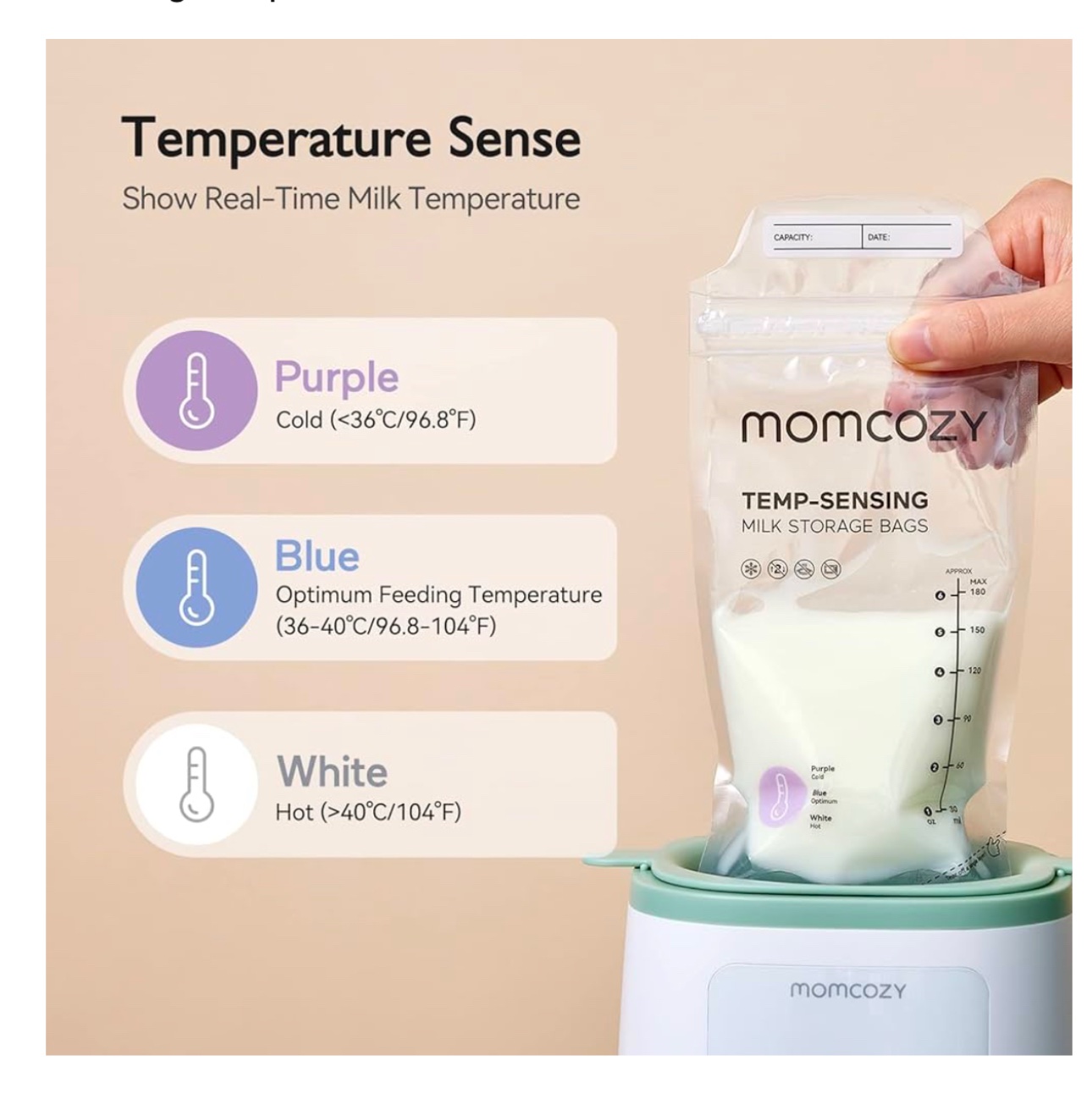 Bolsas de Almacenamiento de Leche Materna Momcozy, 120 Unidades con Sensor de Temperatura, Bolsas Desechables de 6 Onzas, Autosoportables, Antifugas para Refrigerar y Congelar