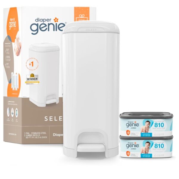Diaper Genie Select - Basurero de Pañales de Acero Inoxidable con 2 Rellenos Jumbo, Sistema Antiodor para Hasta 1620 Pañales, Color Blanco