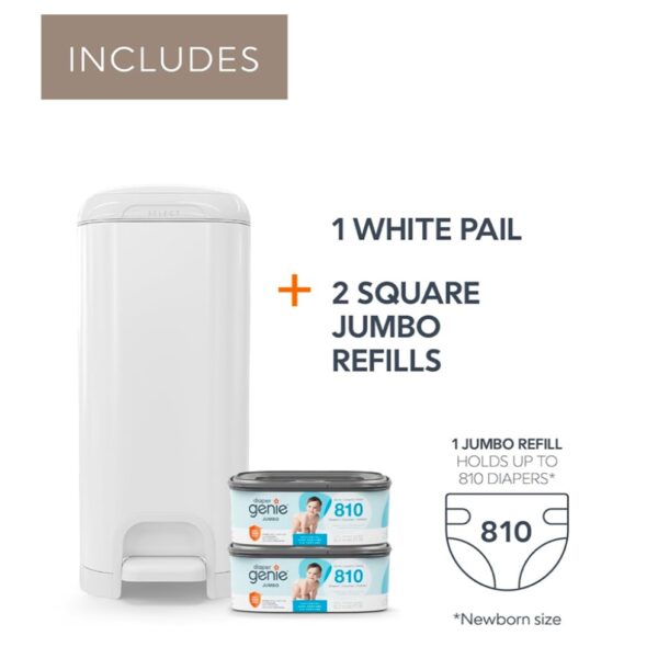 Diaper Genie Select - Basurero de Pañales de Acero Inoxidable con 2 Rellenos Jumbo, Sistema Antiodor para Hasta 1620 Pañales, Color Blanco