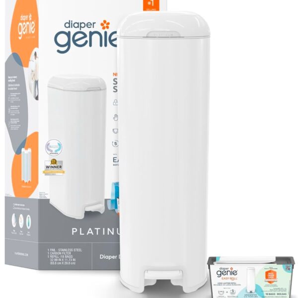 Diaper Genie Platinum Pail - basurero de Pañales de Acero Inoxidable con Sistema Antiodor, Incluye 1 Rollo Easy Roll de 18 Bolsas (para 856 pañales de recién nacido), Color Lilly White
