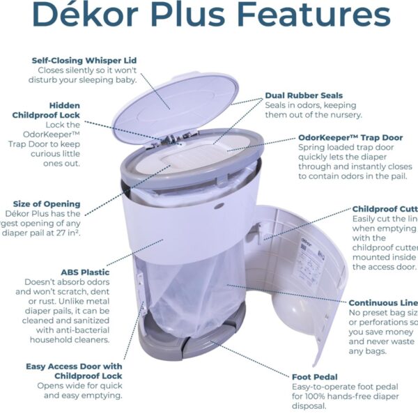 Diaper Dékor Plus - Basurero de Pañales con Sistema Manos Libres y Recargas de bolsas para un Año, Color Blanco
