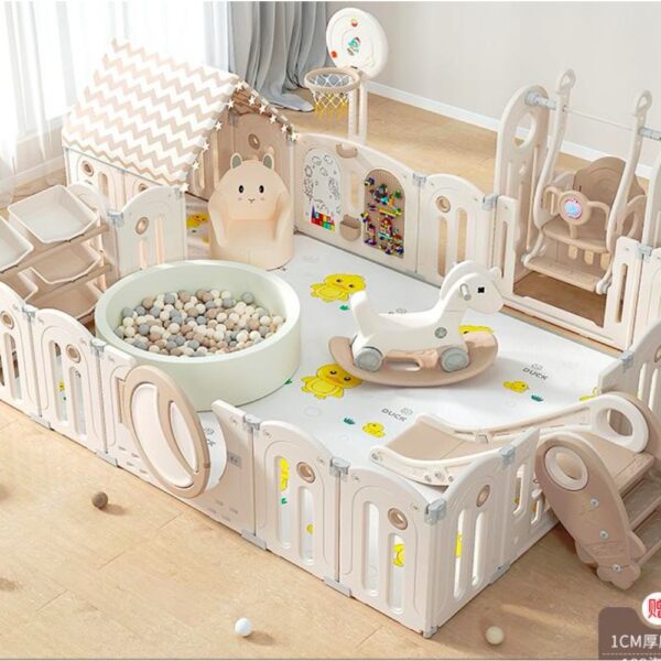 Corral de plástico Parque Infantil Completo con Casa, Resbaladilla, Columpio, caballito, sofá, organizador, aro de basket, piscina de pelotas con pelotas, tablero de lego, pizarra, Centro de Juegos, alfombra de 1cm - 200x240x63 cm + casita 80x80cm