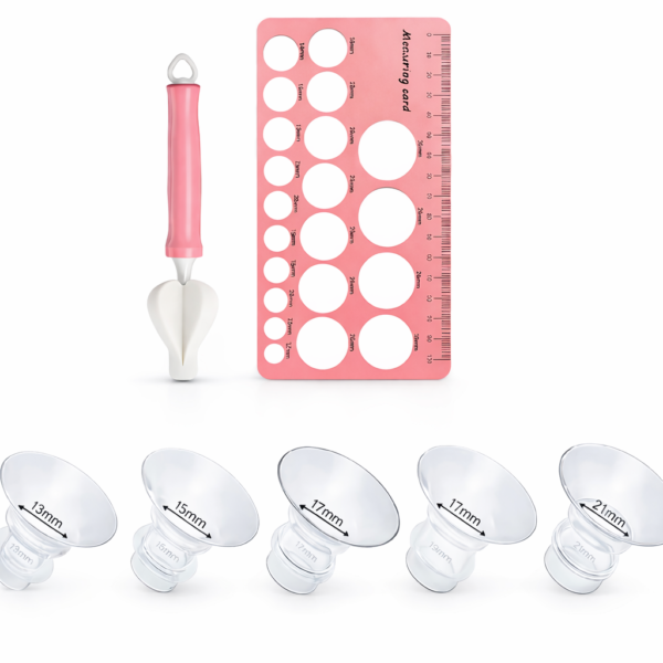 Kit de bridas compatibles con extractores de 24mm- Incluye bridas de cinco tamaños 21, 19, 17, 15 y 13 mm, regla silicona para medir el tamaño del pezón, cepillo de limpieza- un brida por tamaño
