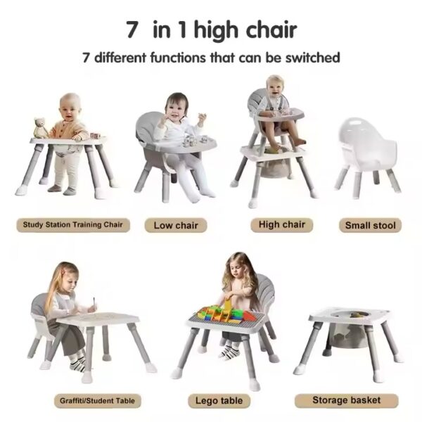 Silla Alta Multifuncional 7 en 1 para Bebés y Niños Pequeños - Convertible en silla alta, silla baja, taburete, estación de aprendizaje, mesa de dibujo, mesa de construcción (compatible con bloques tipo LEGO) o canasta de almacenamiento