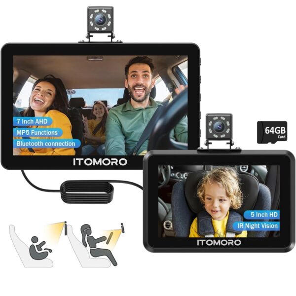 Itomoro Cámara para Bebés en el Auto - Pantallas Duales 5’’ y 7’’ Full HD 1080P, Visión Nocturna, Ángulo Amplio de 150° y Almacenamiento de 64GB para pantalla de TV para niños y música vía bluetooth