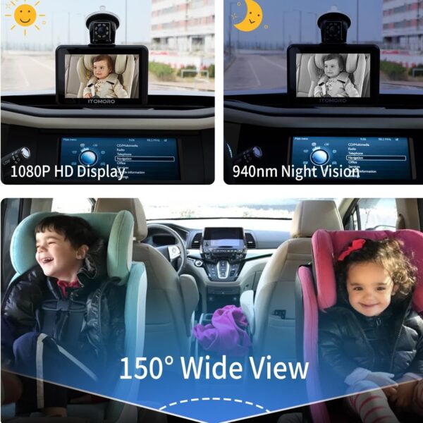 Itomoro Cámara para Bebés en el Auto - Pantallas Duales 5’’ y 7’’ Full HD 1080P, Visión Nocturna, Ángulo Amplio de 150° y Almacenamiento de 64GB para pantalla de TV para niños y música vía bluetooth