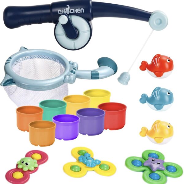 Juguetes de Baño para Niños Pequeños, Juguetes para Bañera con Tazas Apilables, Juegos de Pesca y Red, Mesa de Agua y Accesorios para Ducha o Piscina - Pack de 16 Piezas