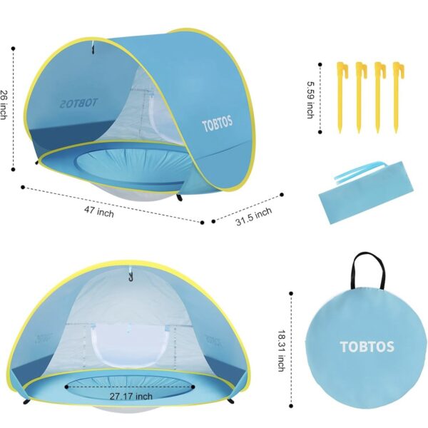 TOBTOS Tienda de Playa Pop Up UPF 50+, Sombrilla de Playa de Fácil Montaje, Refugio Solar para 2-3 Personas, Protección UV, Sombrilla Portátil, Cabana para Bebé, Ligera con Bolsa de Transporte