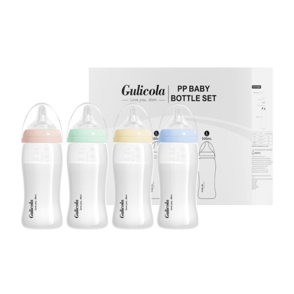 Biberones PP Gulicola para Bebés Alimentados con Leche Materna, Tetinas de Flujo Rápido (Talla L), 6 Meses en Adelante, Cuello Ancho, Libres de BPA, 10 oz, Pack de 4 - Colores