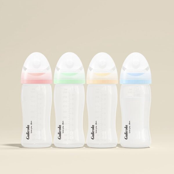Biberones PP Gulicola para Bebés Alimentados con Leche Materna, Tetinas de Flujo Rápido (Talla L), 6 Meses en Adelante, Cuello Ancho, Libres de BPA, 10 oz, Pack de 4 - Colores