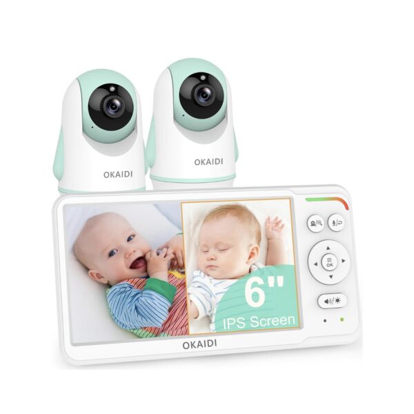 Monitor de Bebé Okaidi con Pantalla Dividida IPS de 6’’, 2 Cámaras, Audio, Batería de 30 Horas, ECO, Comunicación Bidireccional, Visión Nocturna, Alcance de 1000ft, Monitor de Viaje sin WiFi