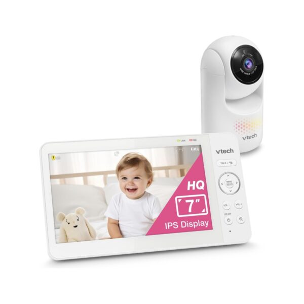 VTech Monitor para Bebé Mejorado HQ Avanzado Max, Pantalla de 7”, Cámara y Audio con Pan/Tilt/Zoom, Pantalla IPS, Control Táctil, Luz Nocturna Multicolor, Comunicación Bidireccional, Canciones de Cuna, Sin WiFi