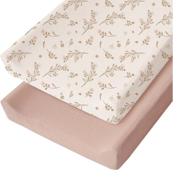 Funda de Muselina para Cambiador de Bebé (2 Pack) – 100% Algodón, Suave y Transpirable, Diseño Floral y Rosa