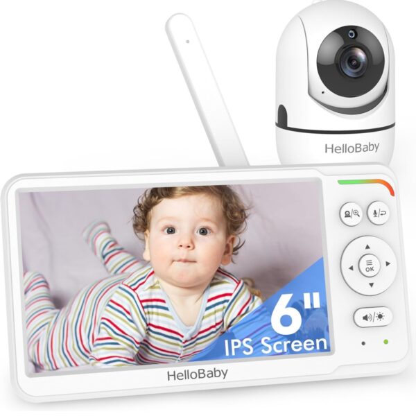 HelloBaby Monitor de Bebé con Pantalla IPS de 6’’, Cámara con Panorámica y Zoom Remoto, y Batería de 30 Horas