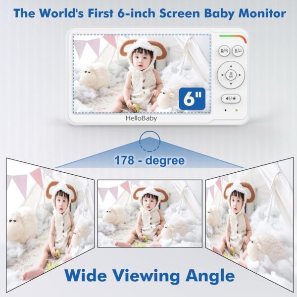 HelloBaby Monitor de Bebé con Pantalla IPS de 6’’, Cámara con Panorámica y Zoom Remoto, y Batería de 30 Horas