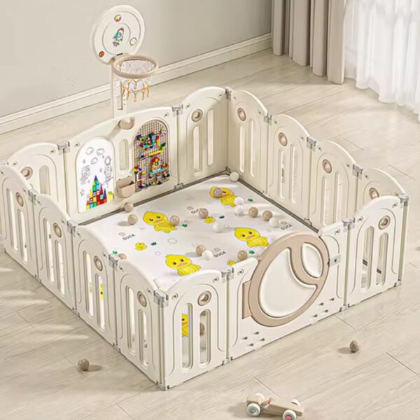 Corral de plástico plegable o parque infantil con Juego de Basketball, Tablero de bloques, pizarra y Alfombra o Tapete de 1 cm - 160x160x63cm