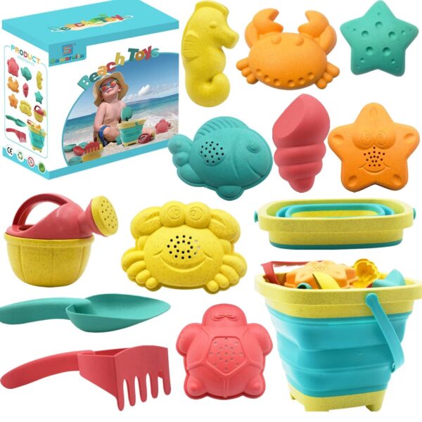 Set de Juguetes de Playa para Niños - 12 Piezas con Cubo Plegable, Pala, Rastrillo y Moldes de Arena para Construcción de Castillos