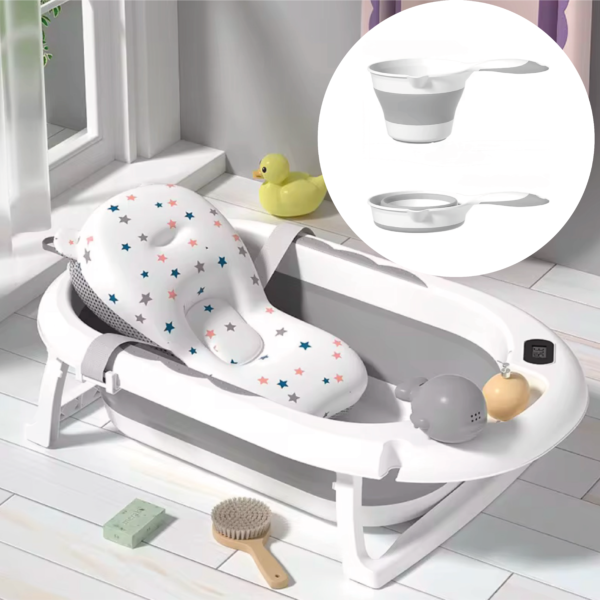 Tina o bañera plegable de bebé con sensor de temperatura, con ballenita de juego y recipiente plegable para verter agua, con o sin soporte de baño
